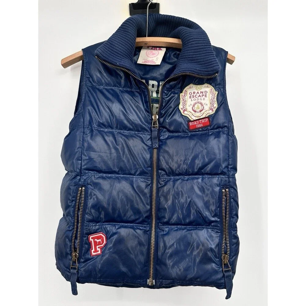 Victoria Secret Pink Trustees Of The University Puffer Vest Navy Blue S Y2K‎ Vtg